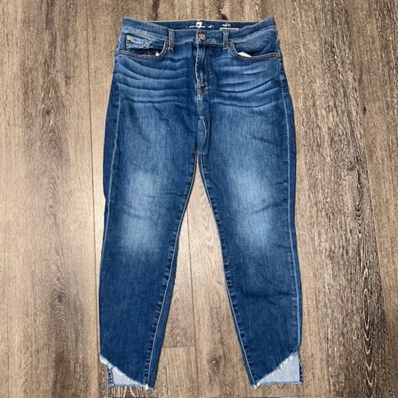 7 for all Mankind Ankle Gwenevere Jeans Women 32 Blue Mid Rise Raw Hem Stretch - Picture 1 of 6